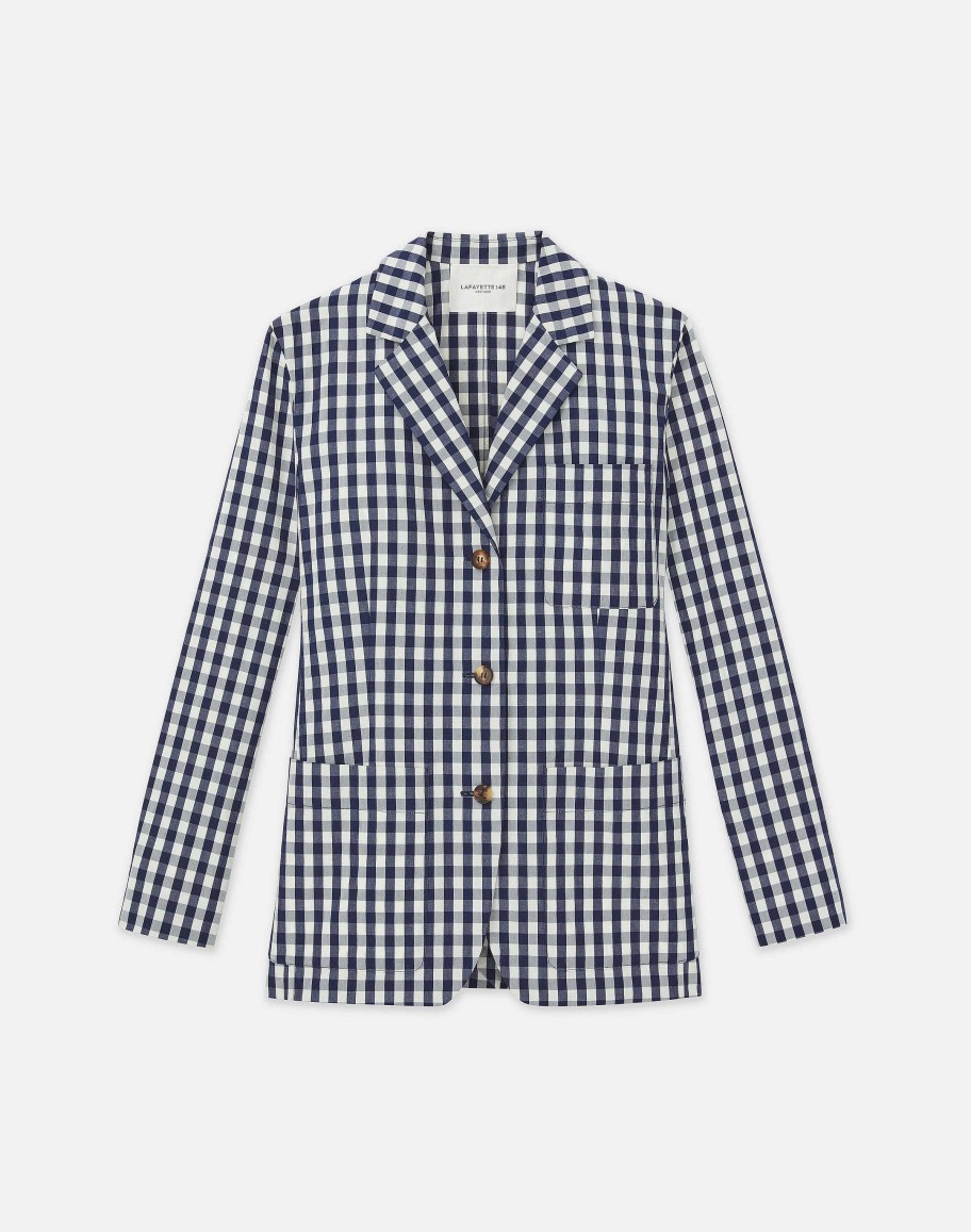 Lafayette 148 New York Jackets & Blazers | Gingham Crinkle Cotton-Linen Three Button Blazer Midnight Blue Multi