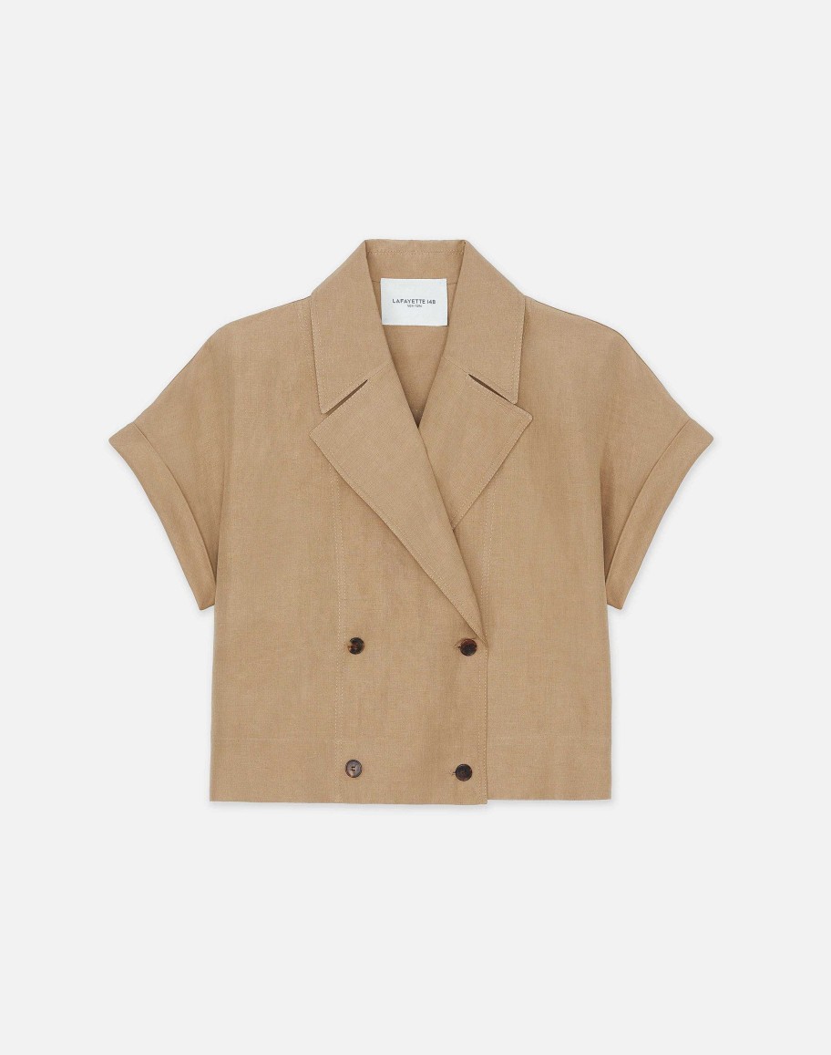 Lafayette 148 New York Jackets & Blazers | Silk-Linen Double Breasted Cropped Shirt Jacket Cadet Khaki