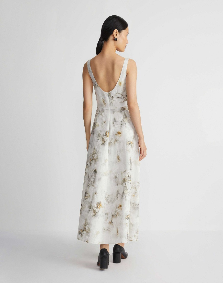 Lafayette 148 New York Dresses | Eco Leaves Print Silk-Linen Bateau Gown Cloud Multi