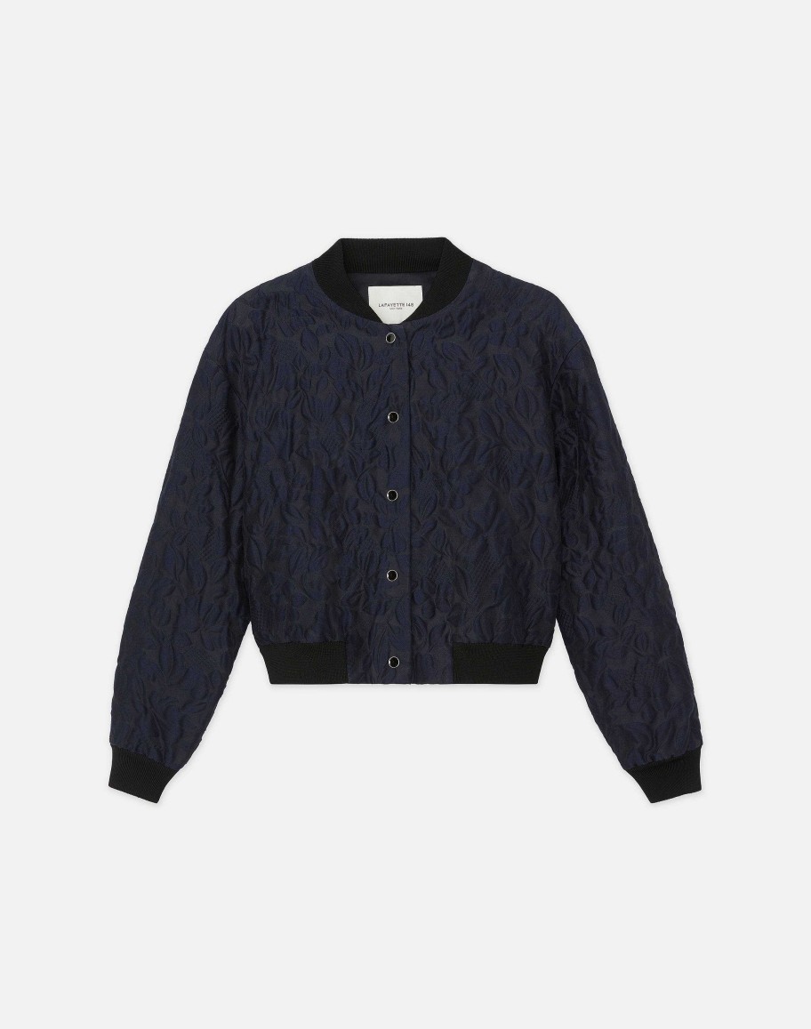 Lafayette 148 New York Jackets & Blazers | Flora Bloom Cloqu Jacquard Cotton-Silk Bomber Jacket Midnight Blue