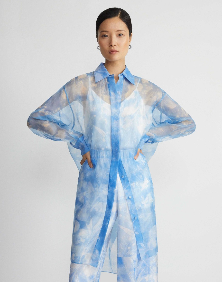 Lafayette 148 New York Blouses & Shirts | Eco Flora Print Silk Organza Oversized Tunic Blouse Bluebell Multi