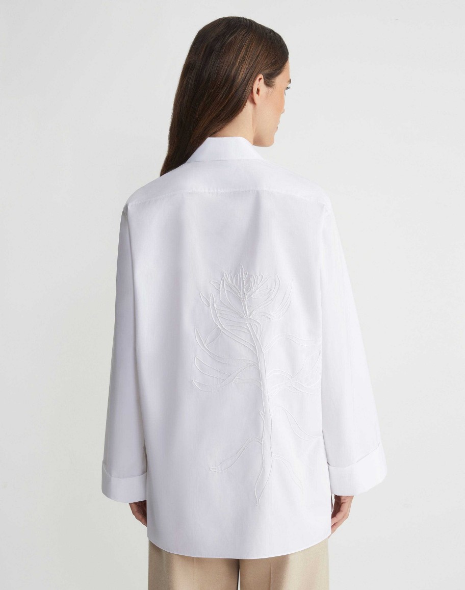 Lafayette 148 New York Blouses & Shirts | Embroidered Rose Organic Cotton Poplin Oversized Shirt White