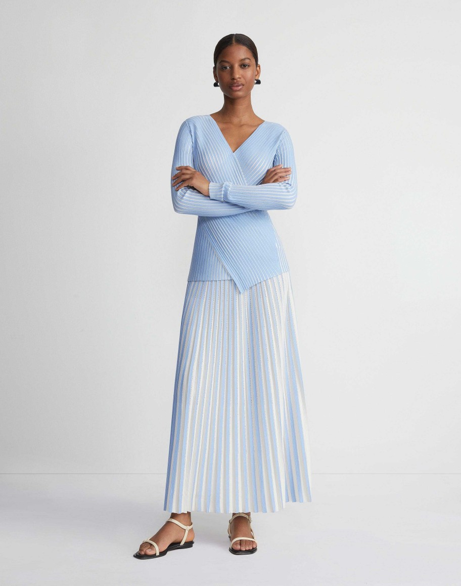 Lafayette 148 New York Skirts | Overprint Finespun Voile Pleat Stitch Skirt Sky Blue Multi