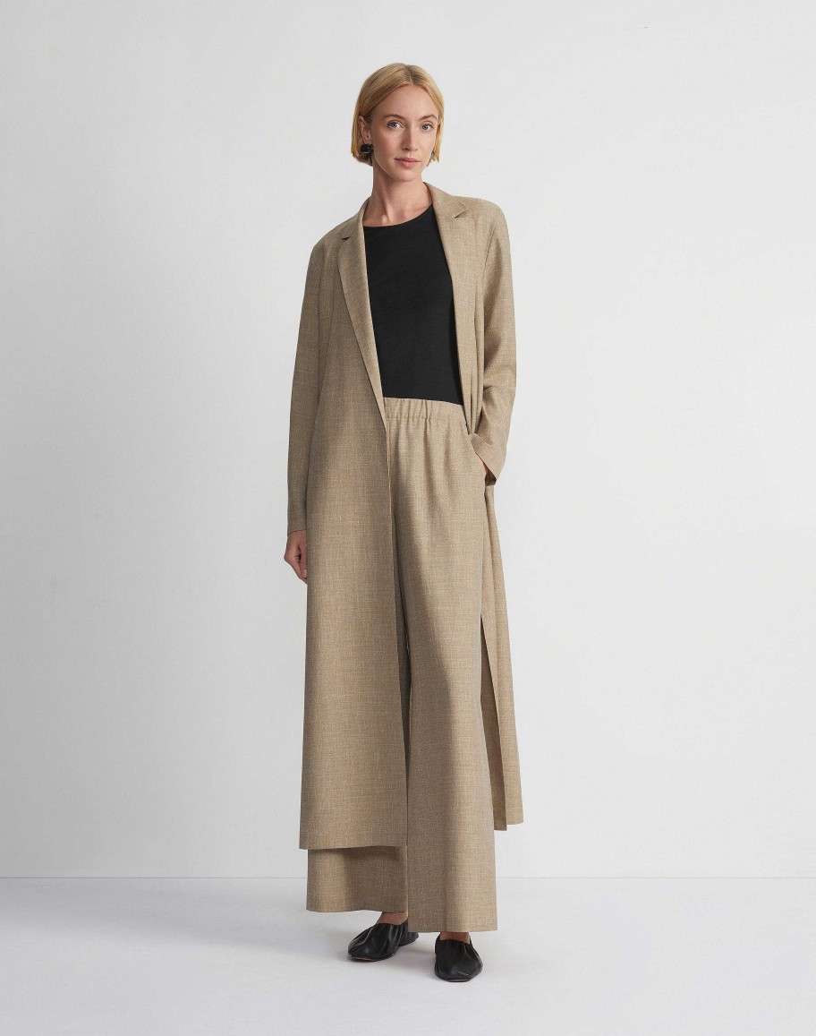 Lafayette 148 New York Jackets & Blazers | Virgin Wool Silk-Linen Open Front Duster Cadet Khaki Melange