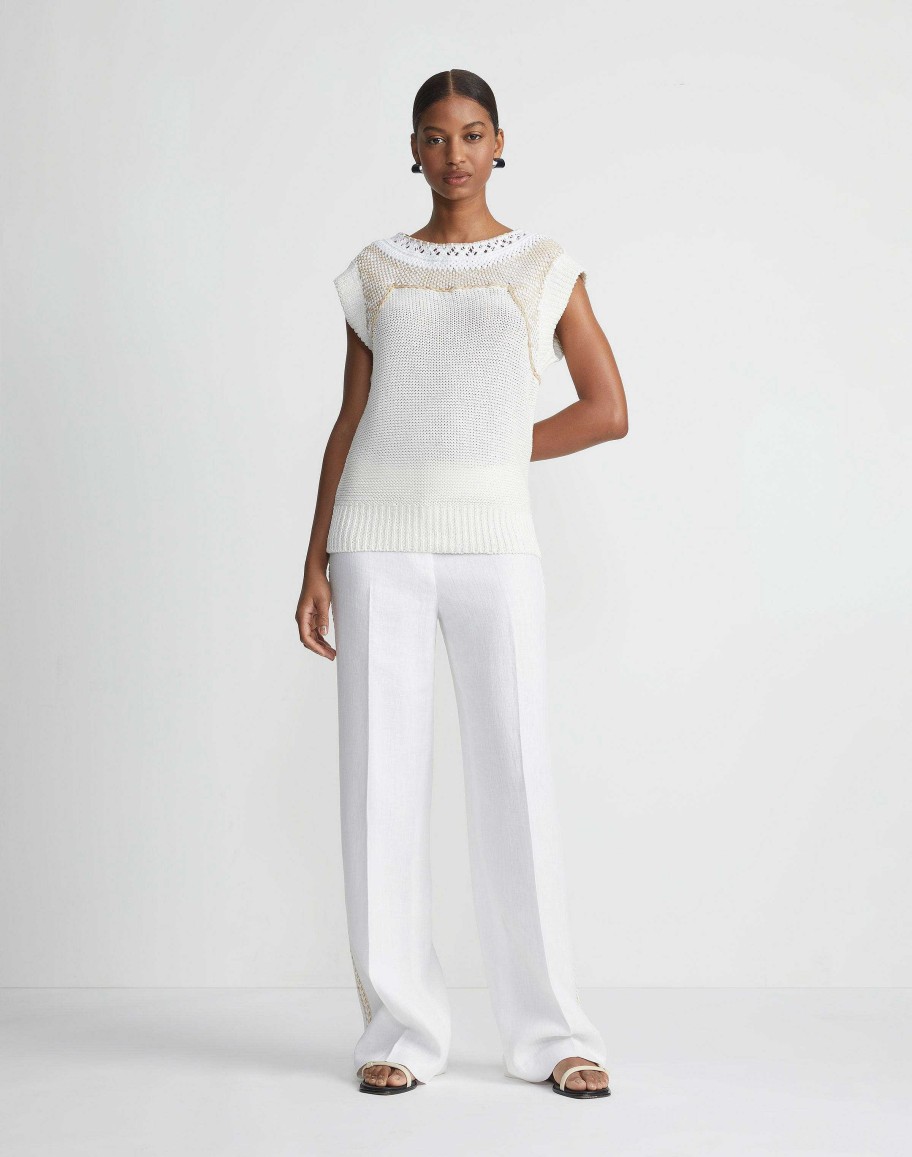 Lafayette 148 New York Sweaters & Knits | Cotton-Silk Hand Macram Trim Sweater White Multi