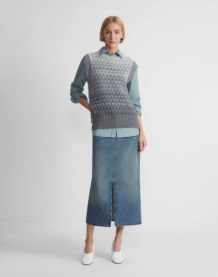 Lafayette 148 New York Denim | L148 Denim Slit Front Midi Skirt Sunfaded