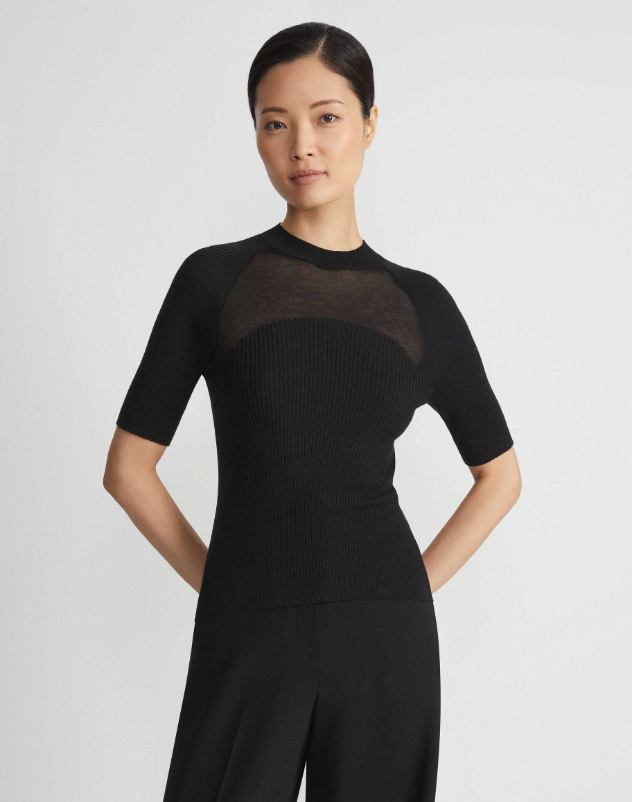 Lafayette 148 New York Sweaters & Knits | Merino-Silk Ribbed Sheer Yoke Sweater Black