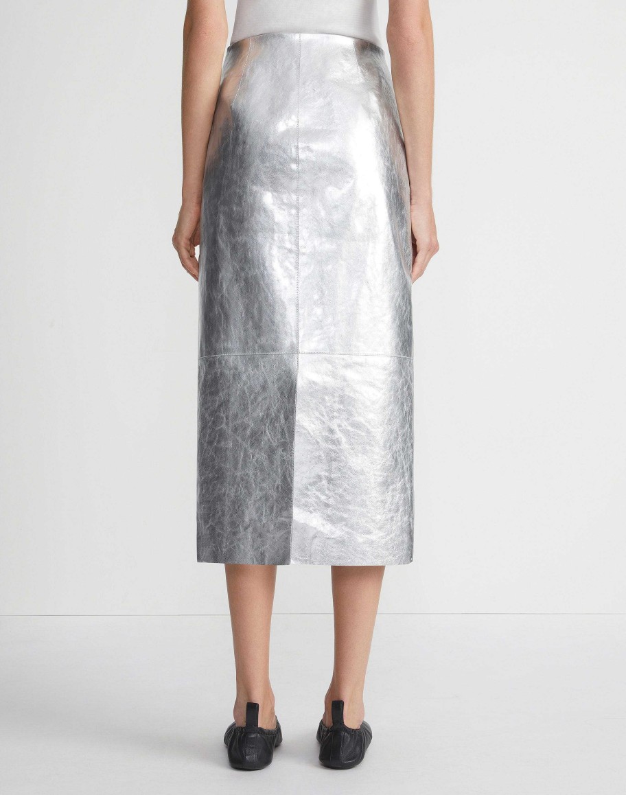 Lafayette 148 New York Skirts | Metallic Crinkle Leather Pencil Skirt Silver