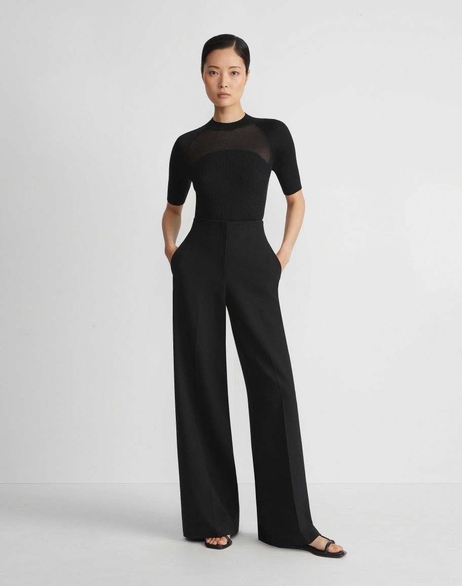 Lafayette 148 New York Sweaters & Knits | Merino-Silk Ribbed Sheer Yoke Sweater Black