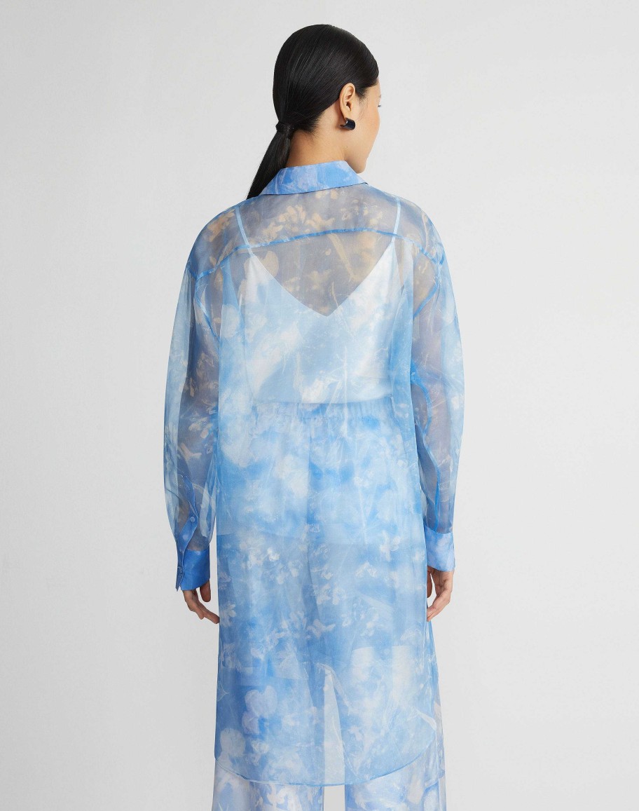 Lafayette 148 New York Blouses & Shirts | Eco Flora Print Silk Organza Oversized Tunic Blouse Bluebell Multi