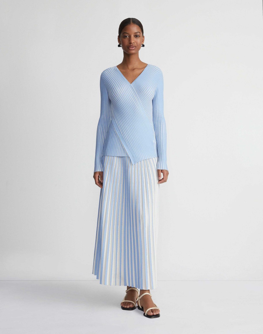 Lafayette 148 New York Sweaters & Knits | Overprint Finespun Voile Pleat Stitch Crossover Sweater Sky Blue Multi