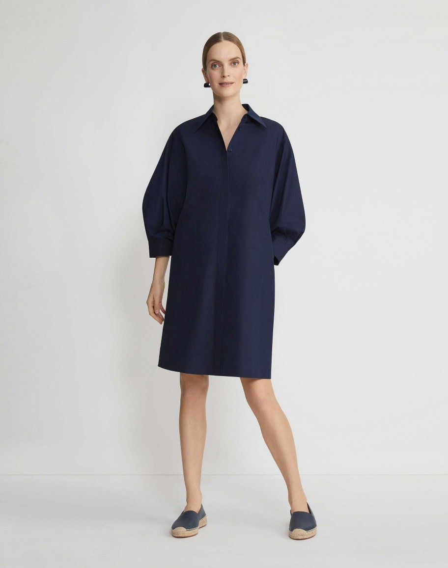 Lafayette 148 New York Dresses | Organic Cotton Poplin Lantern Sleeve Shirtdress Ink