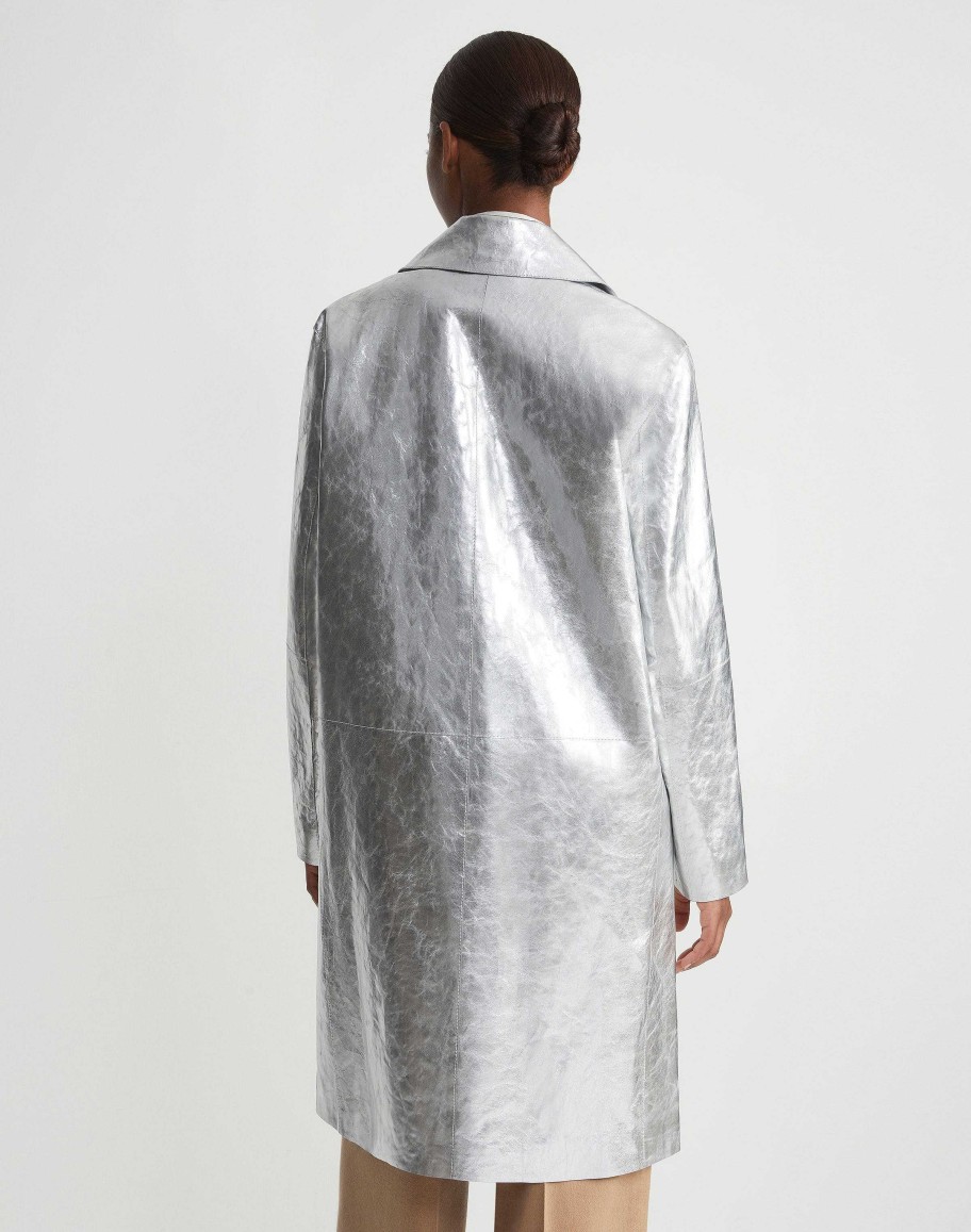 Lafayette 148 New York Coats & Outerwear | Metallic Crinkle Leather Coat Silver