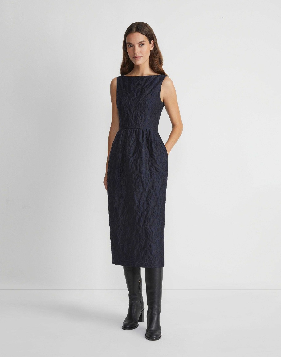 Lafayette 148 New York Dresses | Flora Bloom Cloqu Jacquard Cotton-Silk Midi Dress Midnight Blue