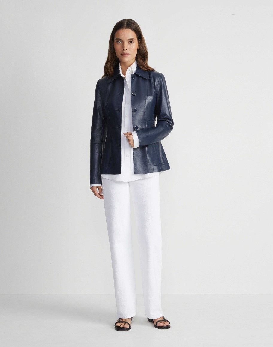 Lafayette 148 New York Jackets & Blazers | Nappa Leather Tailored Chore Jacket Midnight Blue