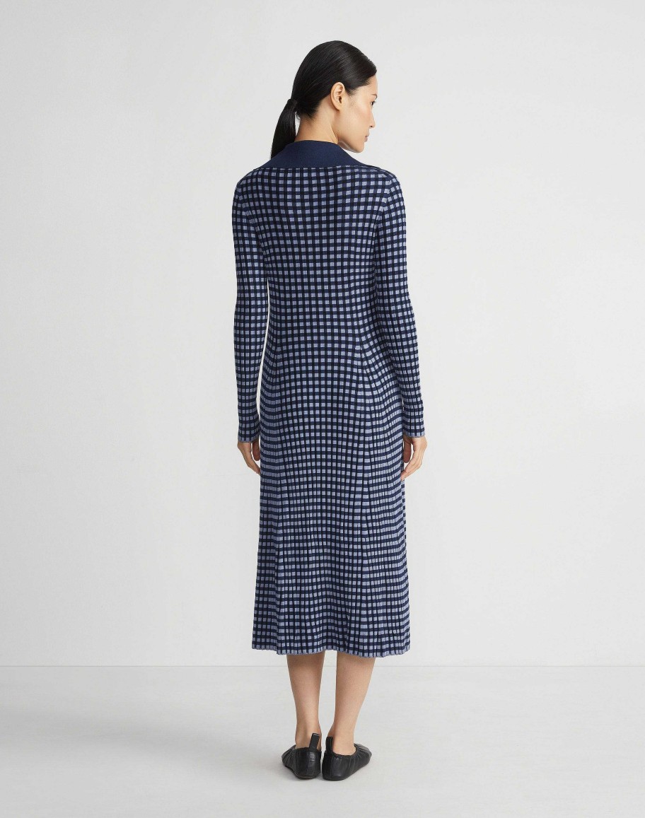 Lafayette 148 New York Dresses | Gingham Responsible Matte Crepe Collared Half-Zip Dress Midnight Blue Multi