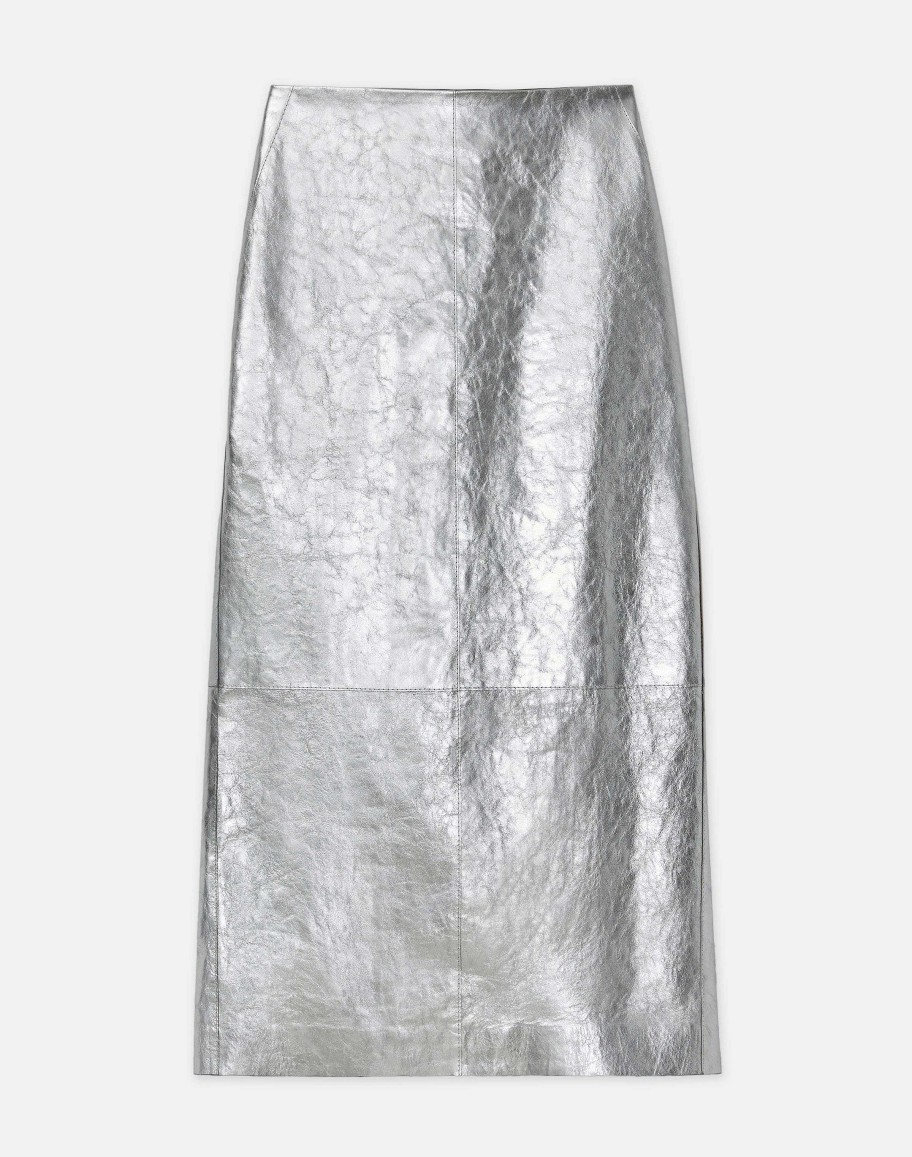 Lafayette 148 New York Skirts | Metallic Crinkle Leather Pencil Skirt Silver