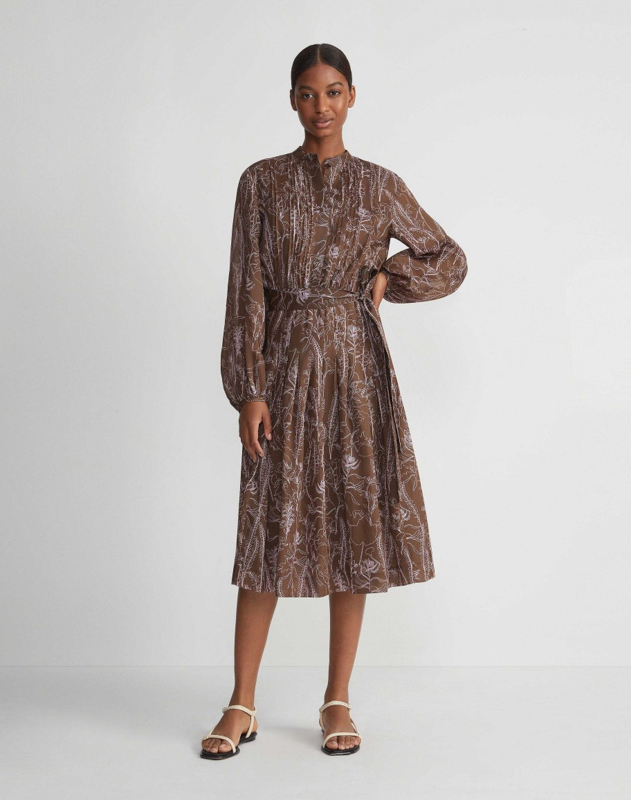 Lafayette 148 New York Dresses | Flora Print Sustainable Gemma Cloth Voile Pintuck Midi Dress Deep Acorn Multi