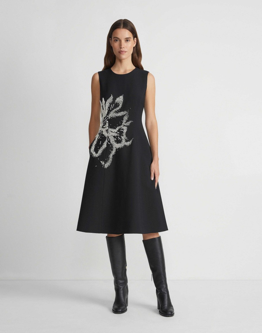 Lafayette 148 New York Dresses | Hand-Beaded Rose Wool-Silk Crepe Sleeveless Dress Black