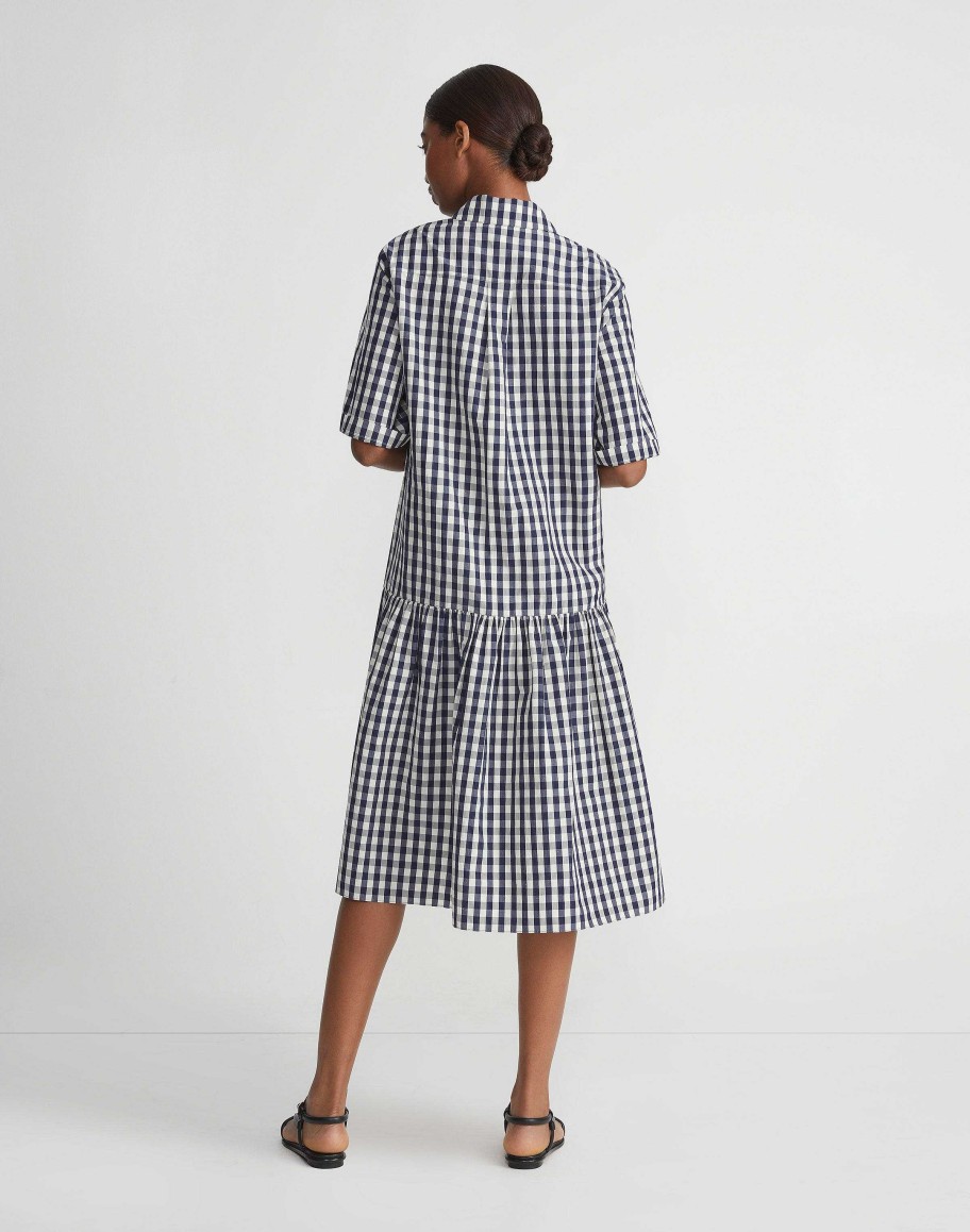 Lafayette 148 New York Dresses | Gingham Crinkle Cotton-Linen Drop Waist Shirtdress Midnight Blue Multi