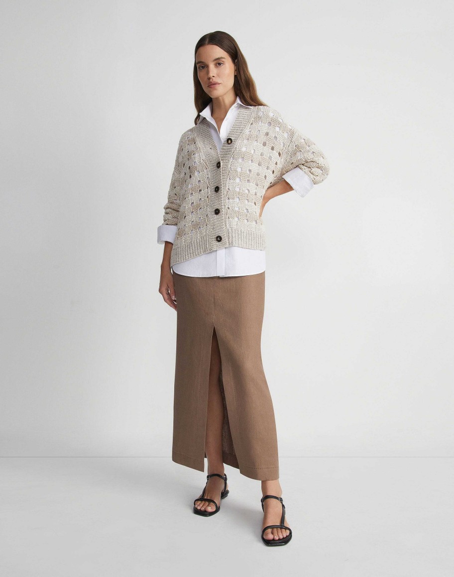 Lafayette 148 New York Sweaters & Knits | Gingham Sustainable Linen-Silk Chainette Open Stitch Cardigan Smoked Taupe Multi