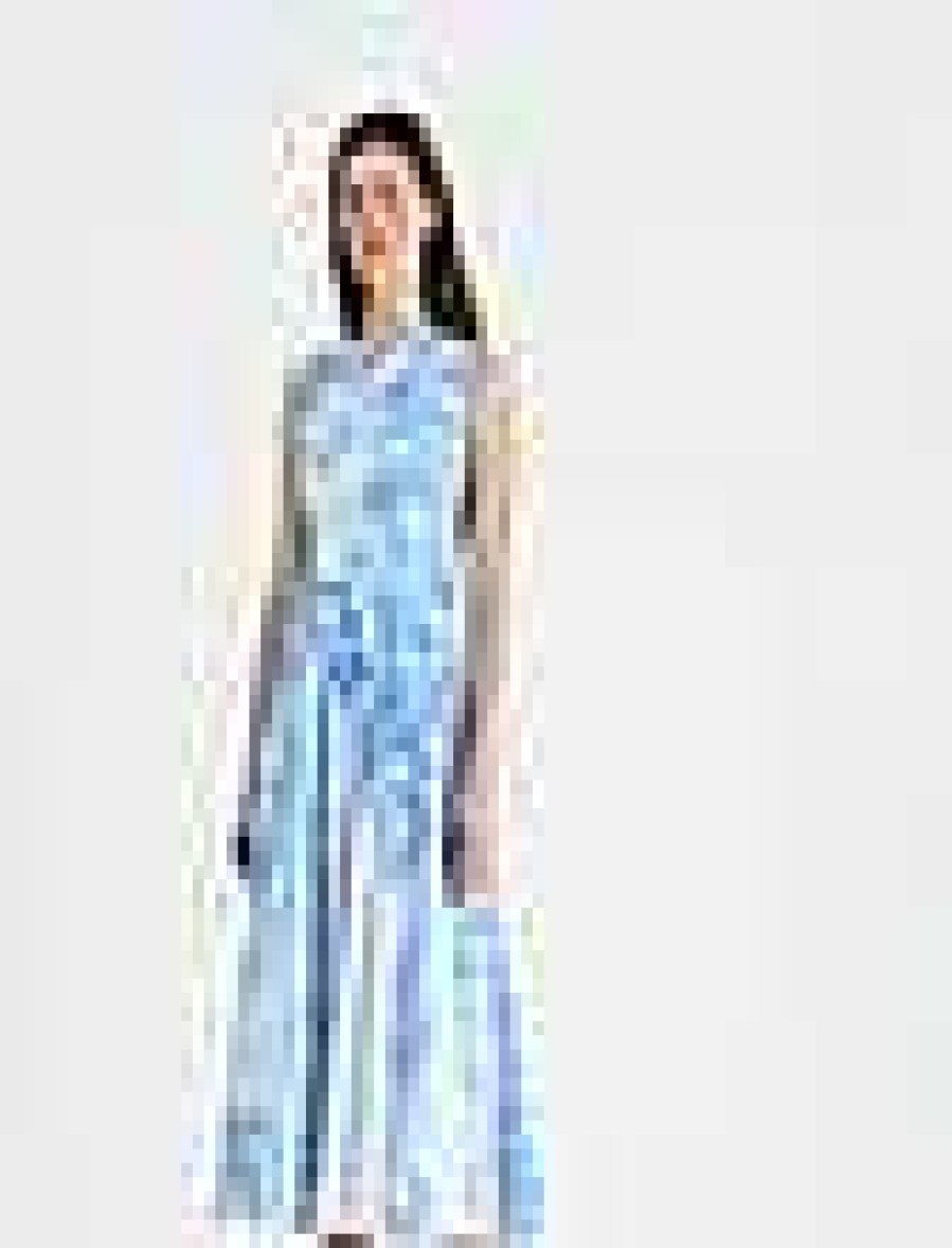 Lafayette 148 New York Dresses | Eco Flora Print Poplin Pleated Dress Sky Blue Multi