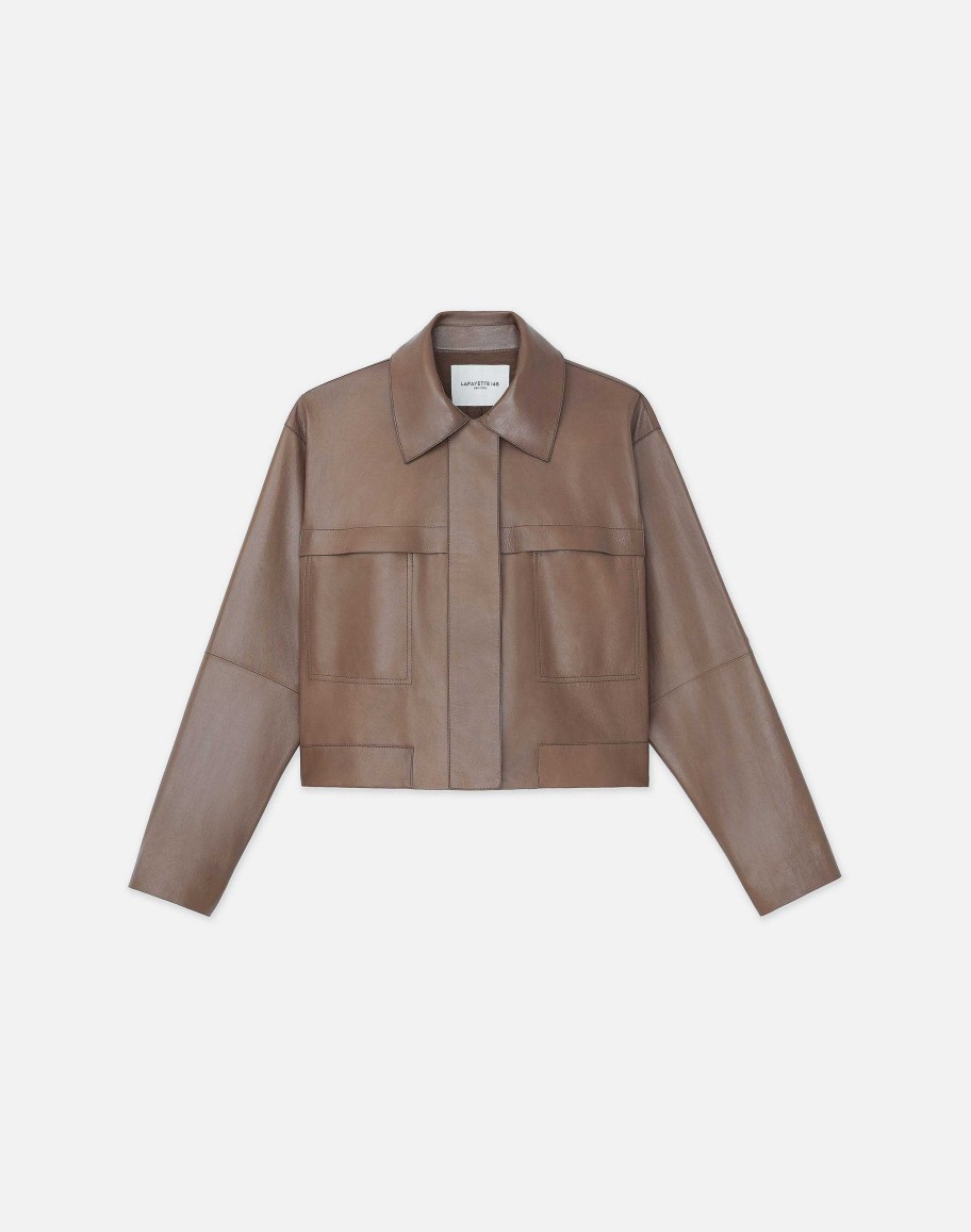 Lafayette 148 New York Jackets & Blazers | Nappa Leather Patch Pocket Bomber Jacket Deep Acorn