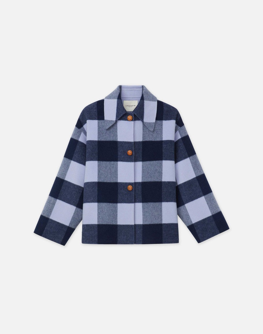 Lafayette 148 New York Jackets & Blazers | Gingham Wool-Cashmere Double Face Oversized Swing Coat Midnight Blue Multi