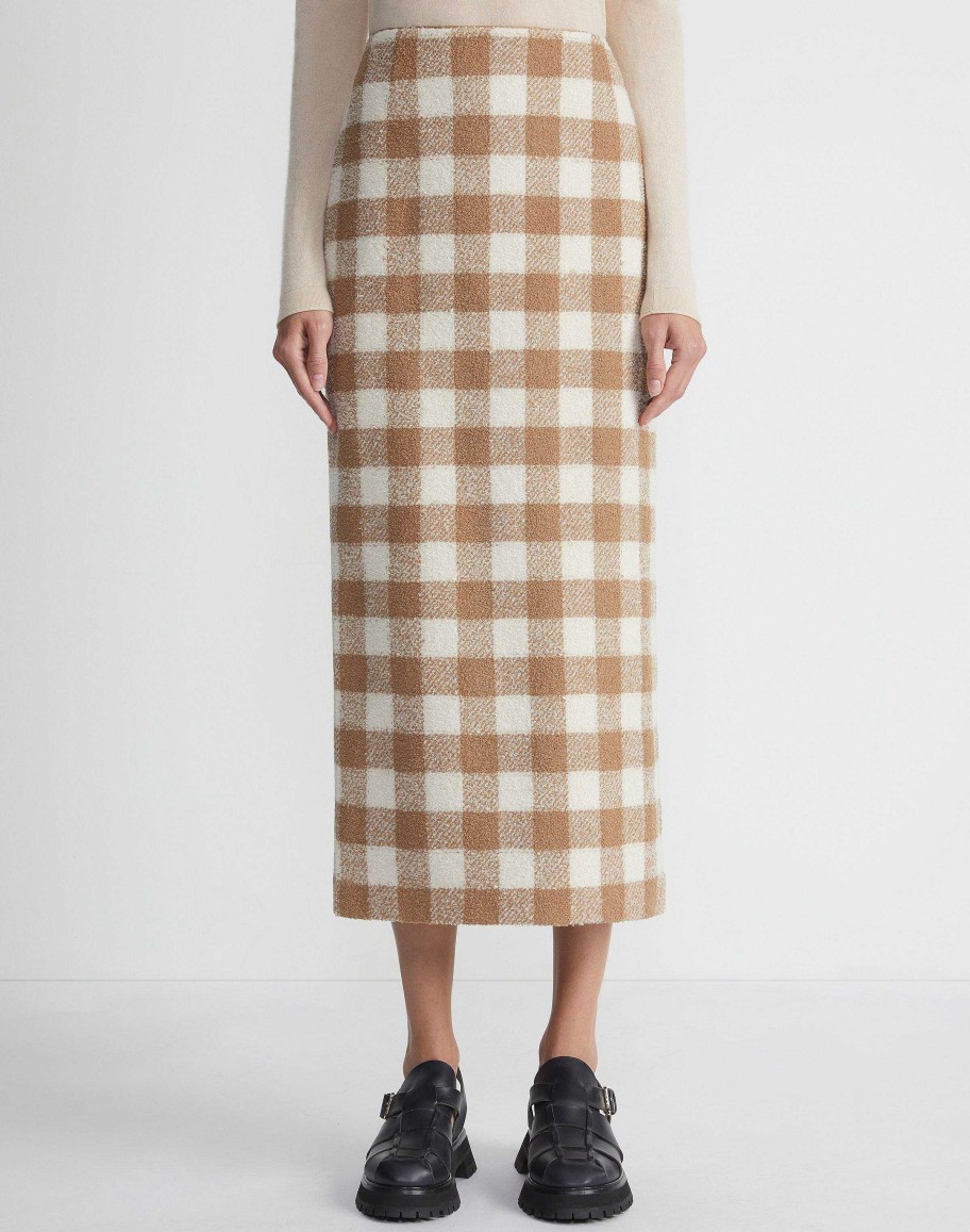 Lafayette 148 New York Skirts | Gingham Wool Maxi Pencil Skirt Camel Multi