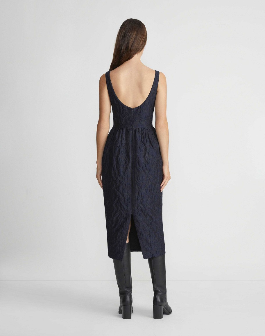 Lafayette 148 New York Dresses | Flora Bloom Cloqu Jacquard Cotton-Silk Midi Dress Midnight Blue