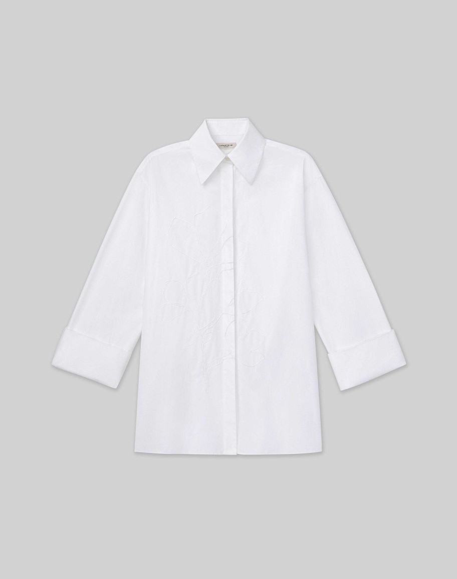 Lafayette 148 New York Blouses & Shirts | Embroidered Rose Organic Cotton Poplin Oversized Shirt White