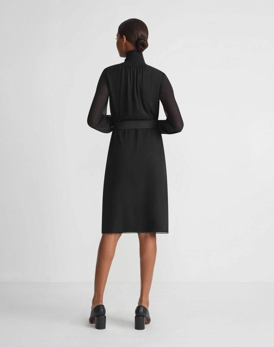 Lafayette 148 New York Dresses | Opaque & Sheer Silk Turtleneck Dress Black