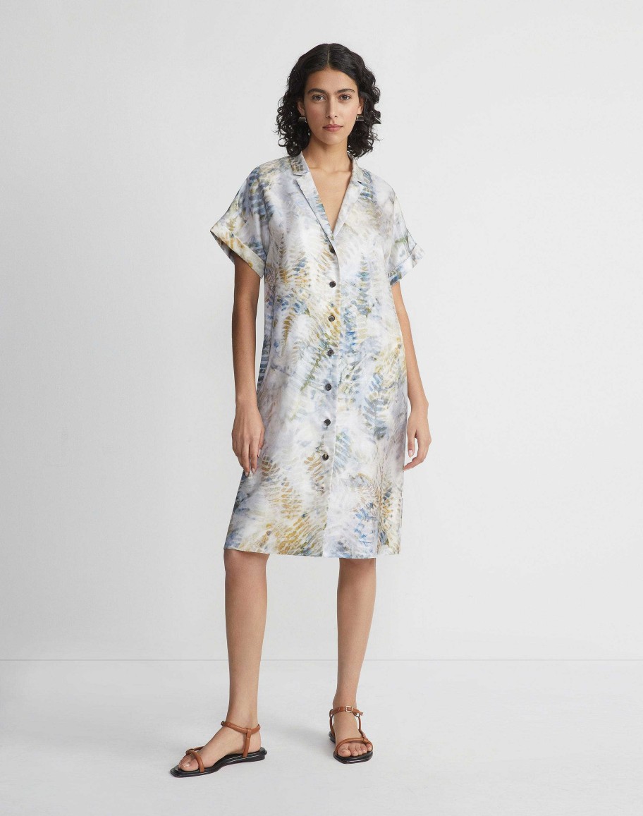 Lafayette 148 New York Dresses | Eco Fern Print Silk Twill Tunic Button Dress Bluestone Multi