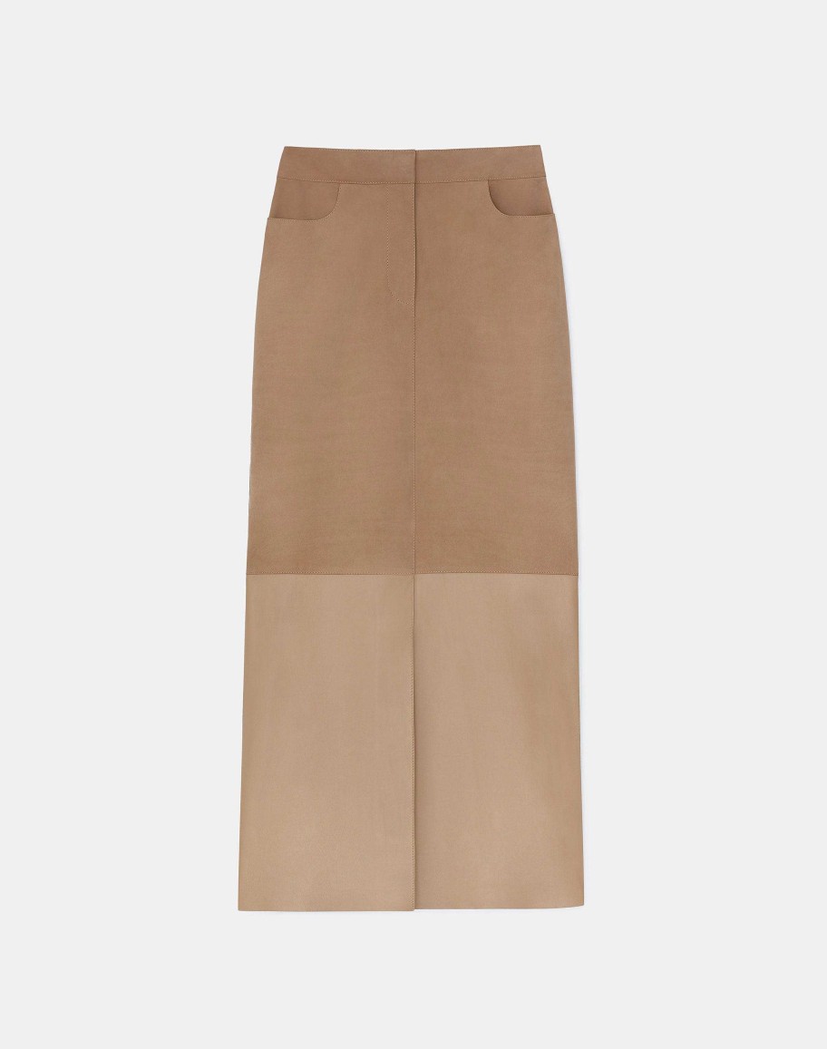 Lafayette 148 New York Skirts | Nubuck Suede & Nappa Leather Two-Tone Midi Skirt Oat