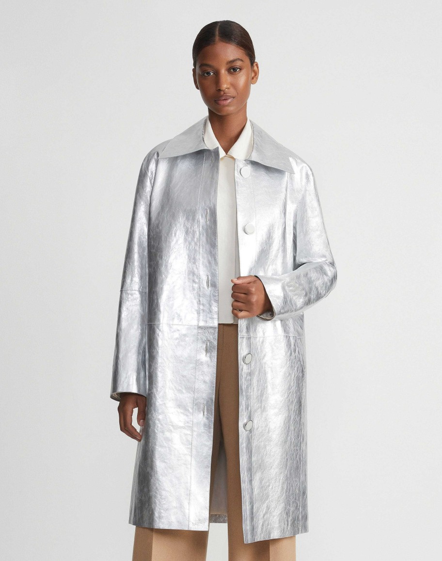 Lafayette 148 New York Coats & Outerwear | Metallic Crinkle Leather Coat Silver