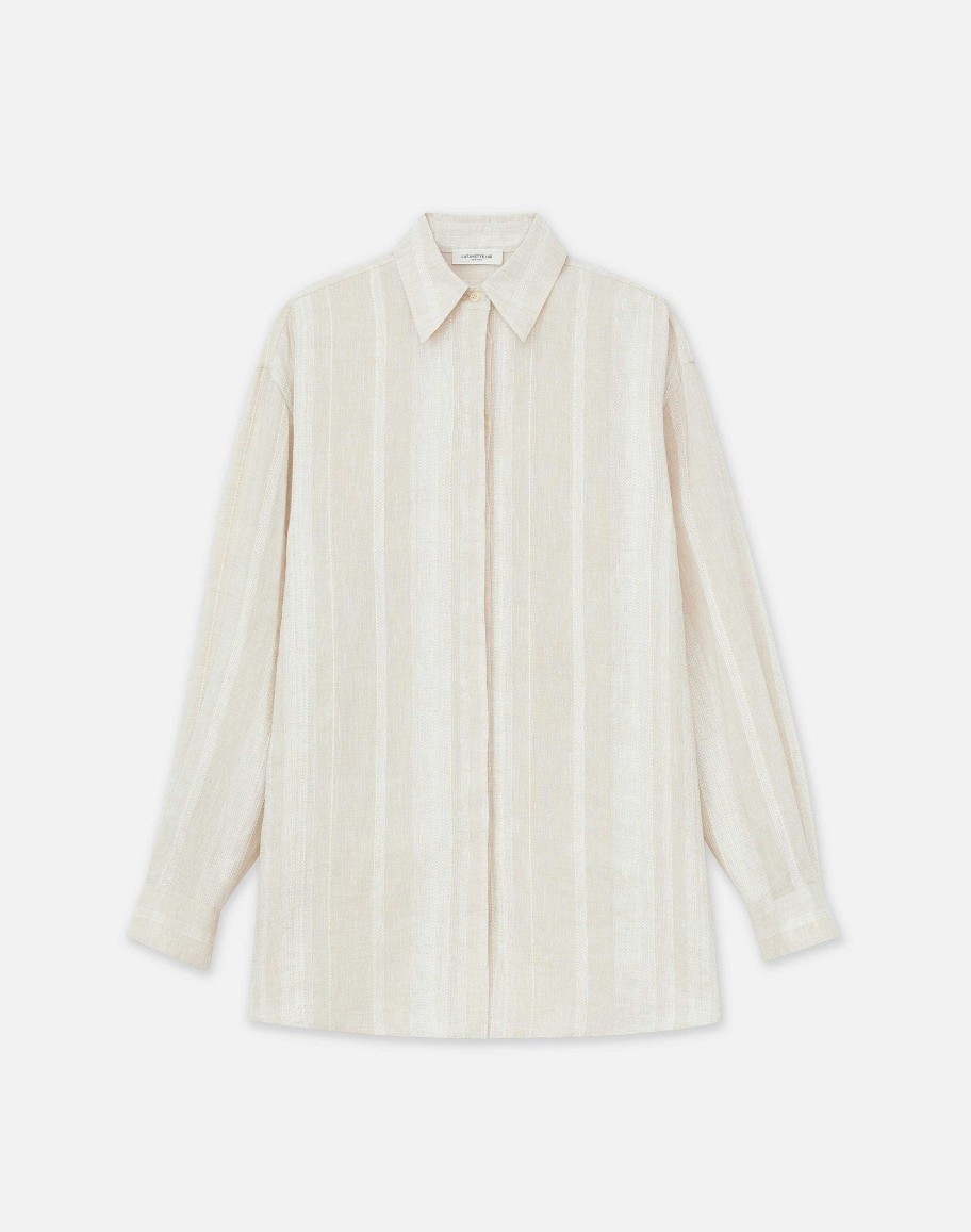 Lafayette 148 New York Blouses & Shirts | Stripe Jacquard Linen-Cashmere Oversized Shirt Pebble