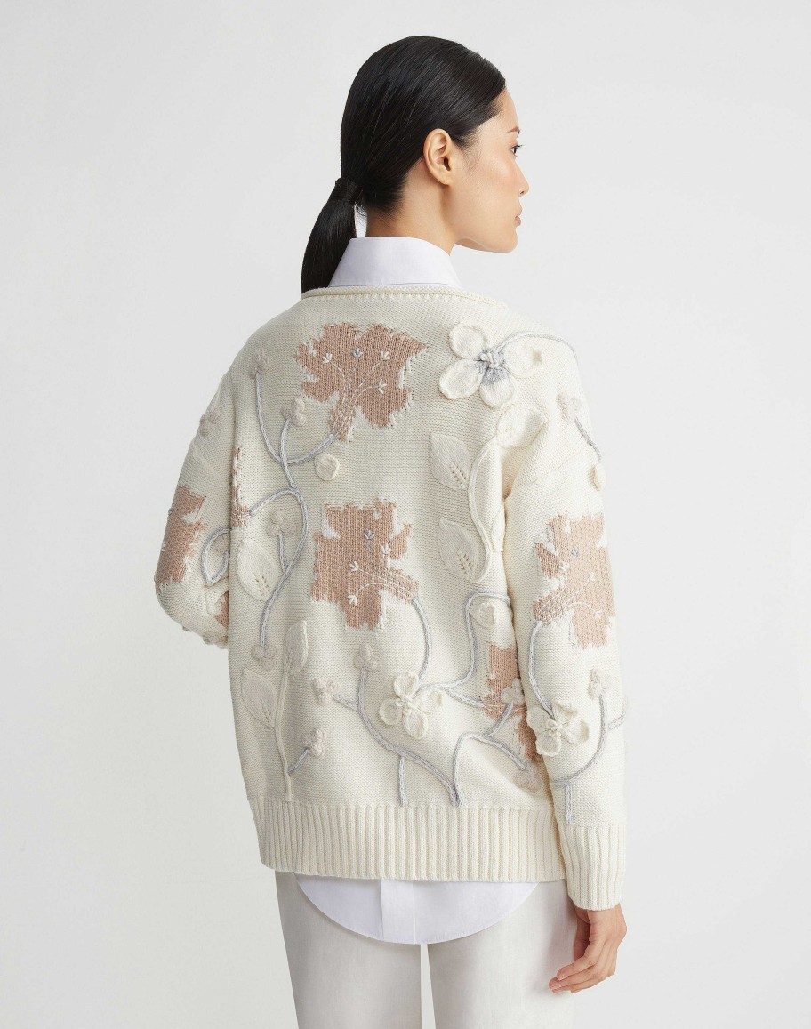 Lafayette 148 New York Sweaters & Knits | Hand-Embroidered Flora Bloom Cotton-Wool Chainette Sweater Creme Multi