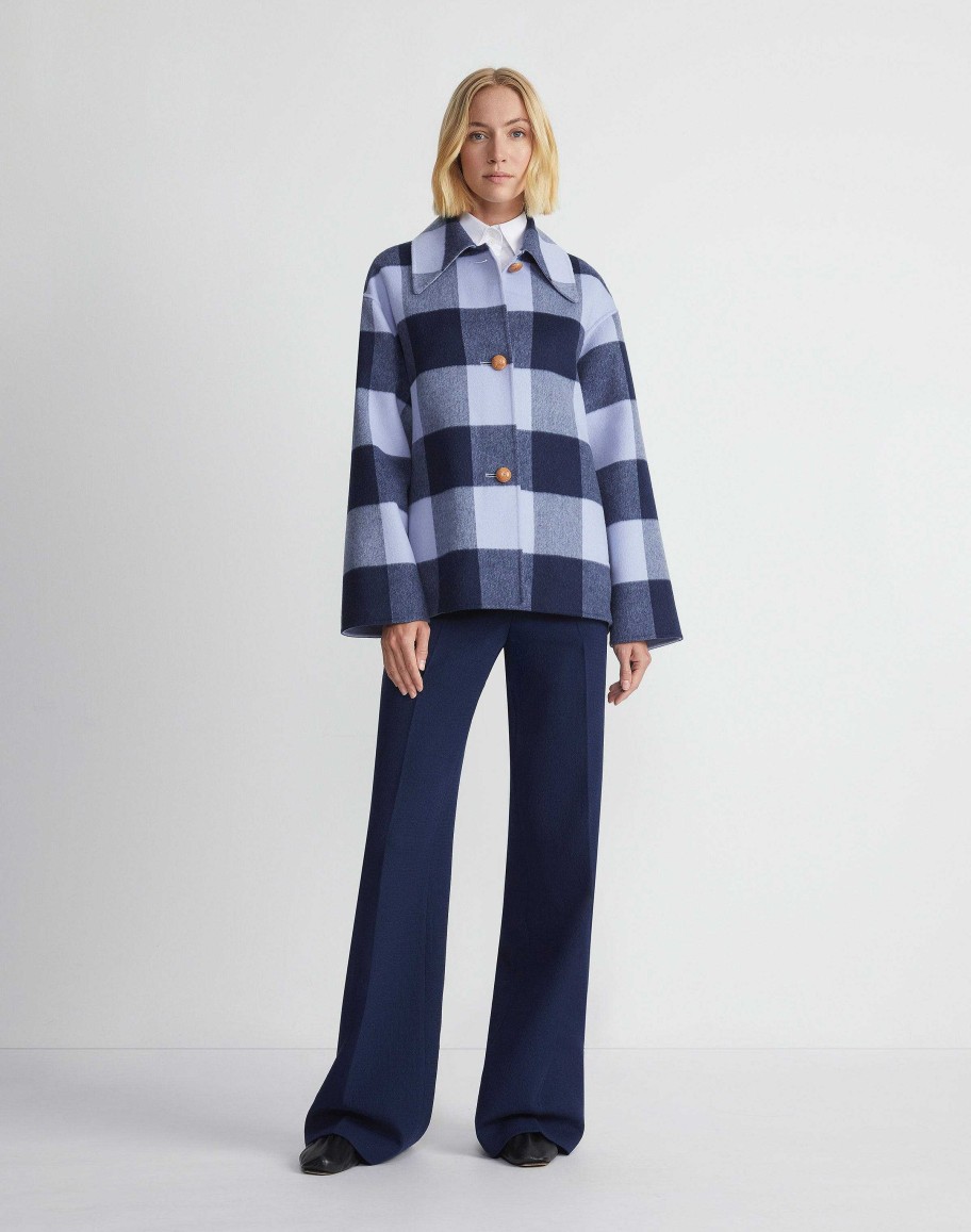 Lafayette 148 New York Jackets & Blazers | Gingham Wool-Cashmere Double Face Oversized Swing Coat Midnight Blue Multi