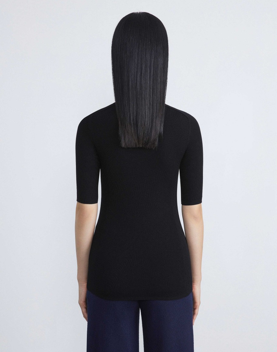 Lafayette 148 New York Sweaters & Knits | Finespun Voile Ribbed Short Sleeve Sweater Black