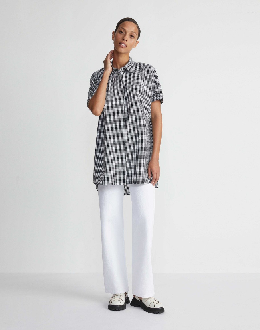 Lafayette 148 New York Blouses & Shirts | Micro Gingham Cotton Seersucker Oversized Shirt Midnight Blue Multi