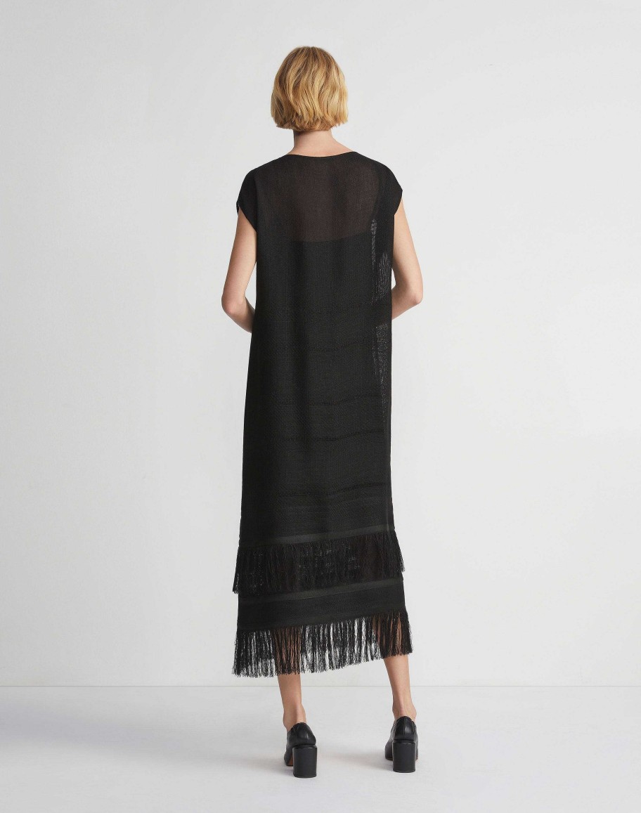 Lafayette 148 New York Dresses | Burlap Jacquard Linen Viscose-Silk Fringed Dress Black