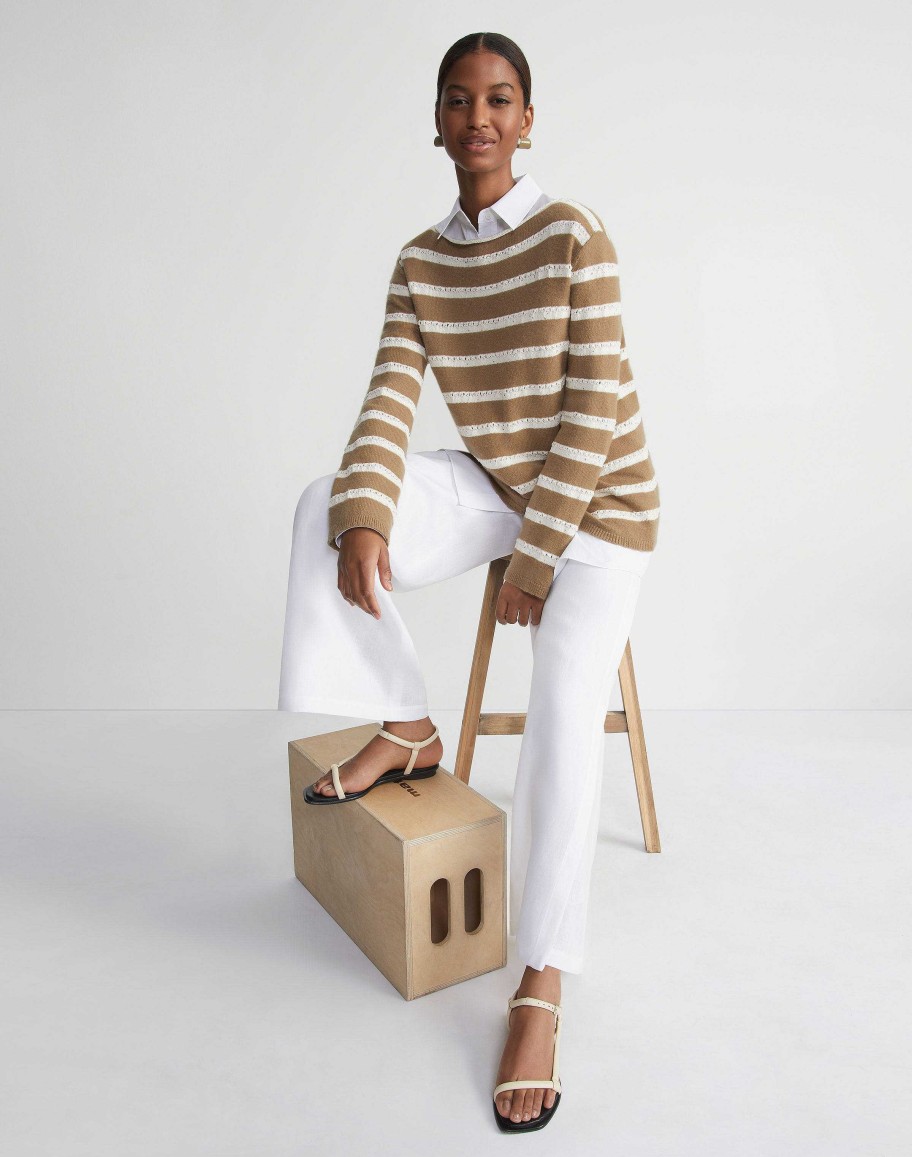 Lafayette 148 New York Sweaters & Knits | Stripe Sequined Cotton & Cashmere Sweater Cadet Khaki Metallic