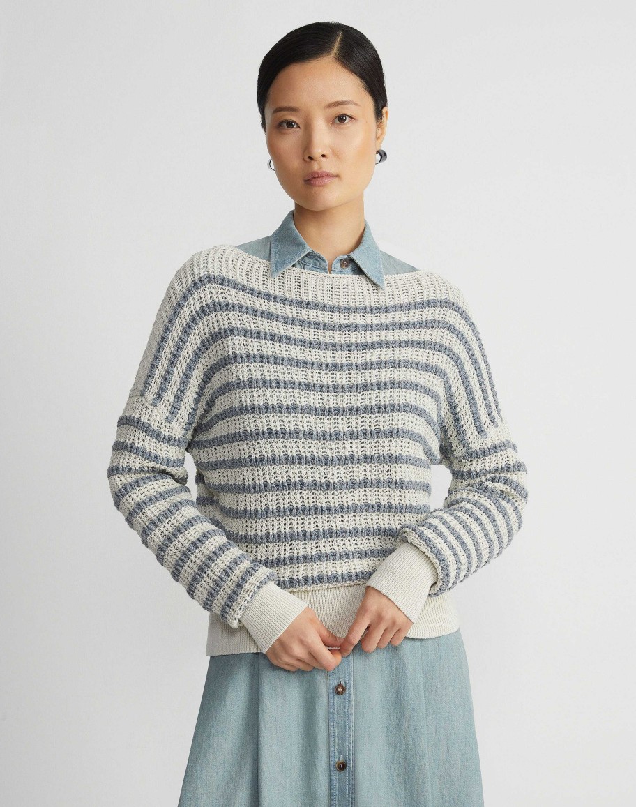 Lafayette 148 New York Denim | Stripe Organic Cotton & Denim Yarn Bateau Sweater Pebble Multi