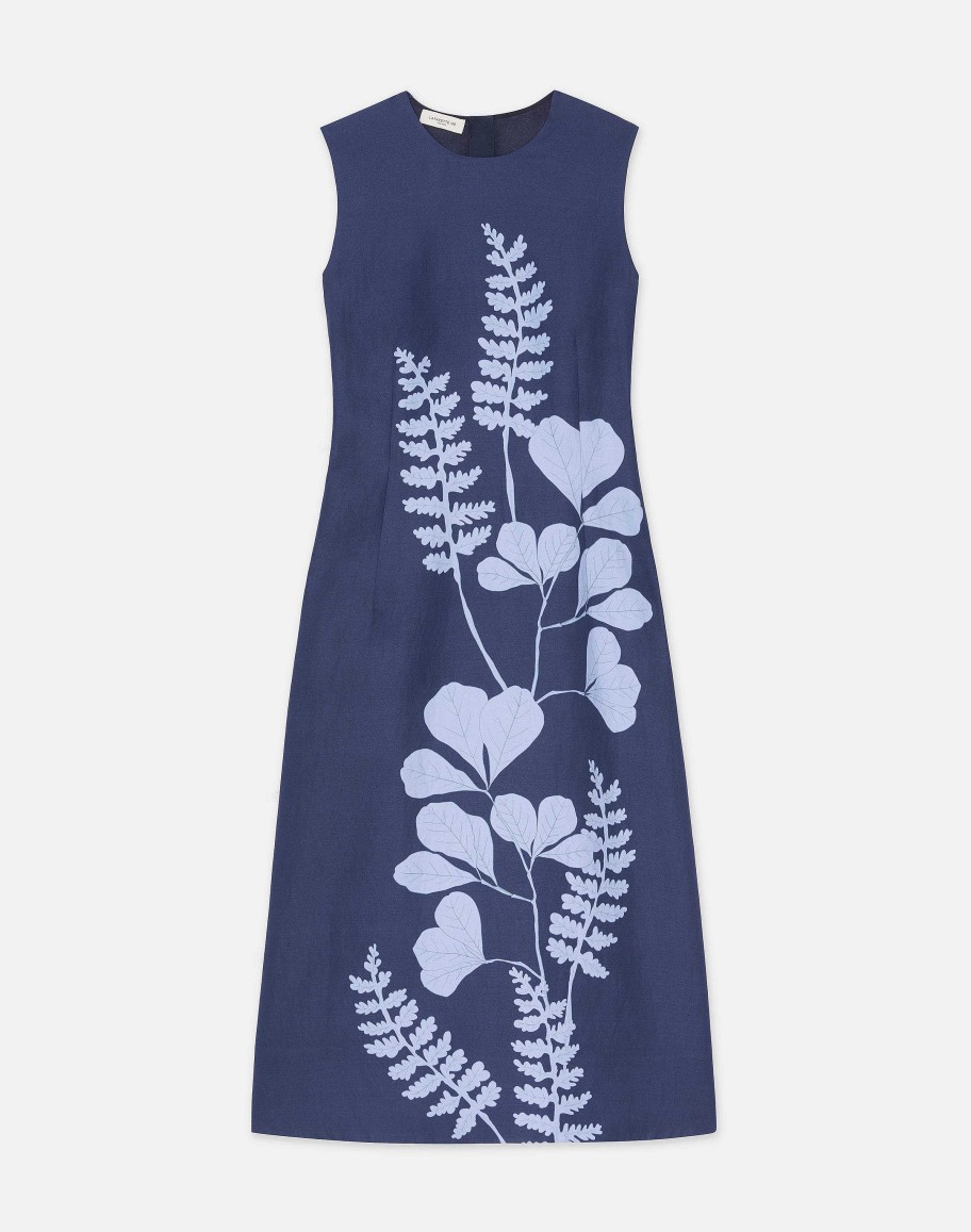 Lafayette 148 New York Dresses | Flora Print Viscose-Linen Sleeveless Dress Midnight Blue Multi