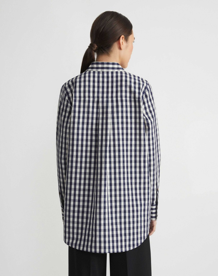 Lafayette 148 New York Blouses & Shirts | Gingham Crinkle Cotton-Linen Oversized Shirt Midnight Blue Multi