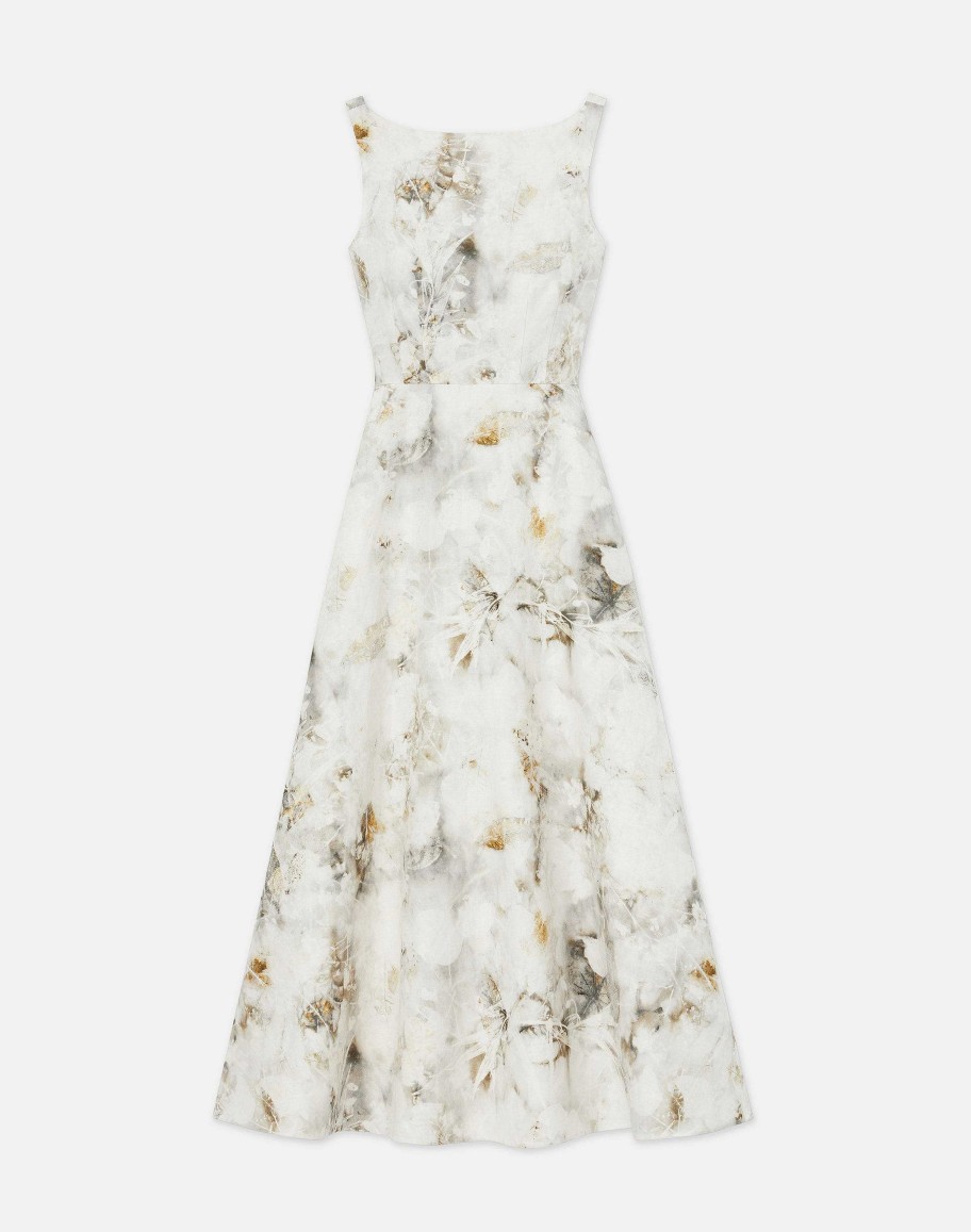 Lafayette 148 New York Dresses | Eco Leaves Print Silk-Linen Bateau Gown Cloud Multi