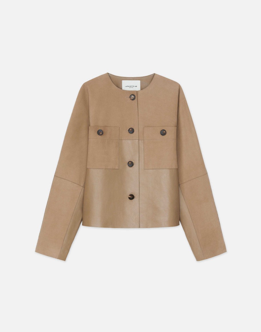 Lafayette 148 New York Jackets & Blazers | Nubuck Suede & Leather Collarless Jacket Green Clay