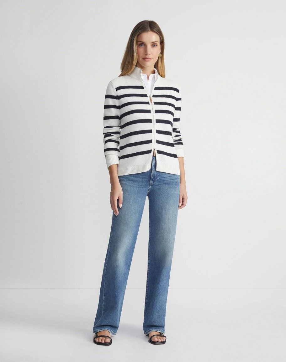 Lafayette 148 New York Sweaters & Knits | Stripe Cotton-Silk Zip Cardigan Cloud Multi